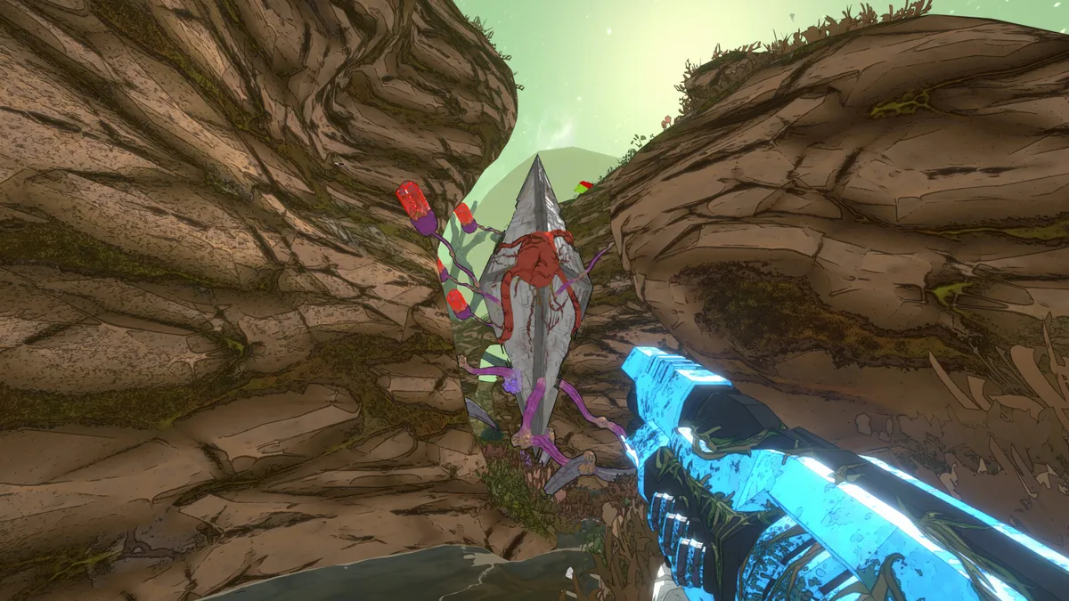 A crystal-lined canyon map in Mycopunk, played solo in this shot
